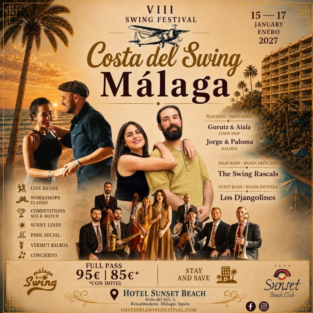 Costa del Swing 2027 official poster with teachers and bands